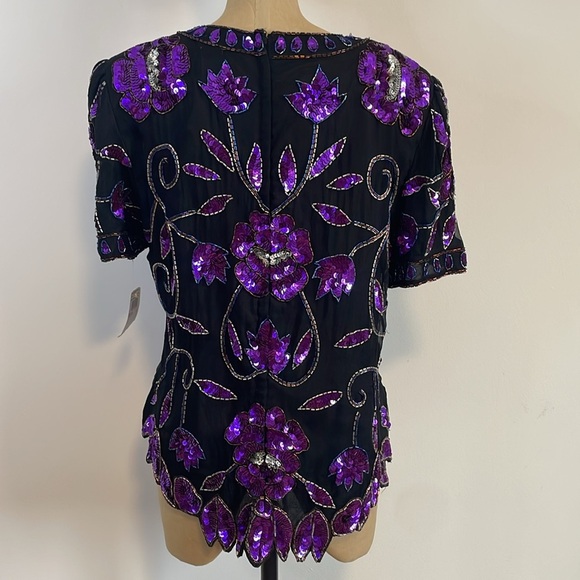 VTG Sequin Floral Top Large Black Purple Evening NWT Maximalist Pappel Glam 80s - Picture 9 of 16